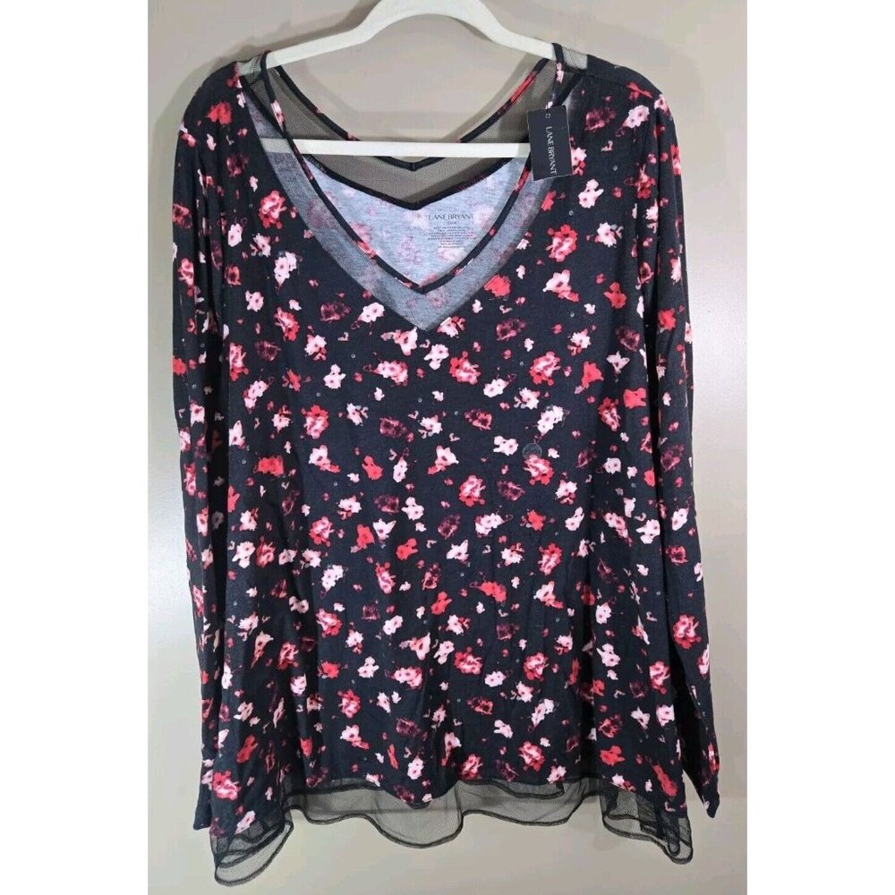NWT Lane Bryant Black & Red Floral Print Lace Trimmed Long Sleeve Sz 22/24